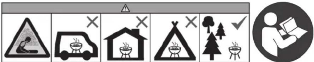 Safety warning icons and pictogram showing workplace safety, vehicle use, house, tent, tree, and person reading