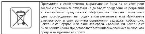 Продуктите с електрическо захранване не бива да се изхвърлят заедно с домашните отпадъци, а да бъдат предадени на рециклигн в съответните предприятия. Информация относно рециклинга дава производителят на продукта или местните власти. Износените електрически и електронични съоръжения съдържат субстанции, които не са неутрални за околната среда. Съоръжения, които не са били рециклирани, представляват потенциална опасност за околната среда и за здравето на хората...