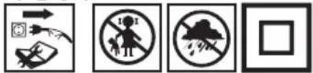 Four black-and-white safety symbols: warning sign, pictogram, no-dress circle, and blank rectangle.