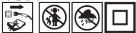 Four black-and-white safety symbols: warning sign, pictogram, no litter, and cloud with raindrops, arranged horizontally.