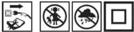 Four black-and-white safety symbols: warning sign, pictogram with hand, no-dresser, cloud with rain, and blank square.