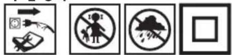 Four black-and-white safety symbols: warning sign, no longer warning sign, cloud with rain, and blank rectangle.