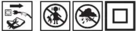 Four black-and-white safety symbols: warning sign, no sign, smoke, and raindrops, arranged horizontally.