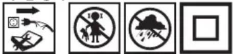 Four black-and-white safety symbols: warning sign, pictogram, pictogram with raindrops, and no-dress circle.