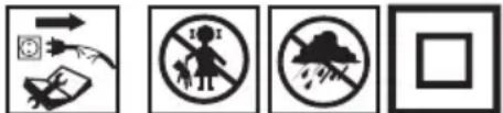 Four black-and-white safety symbols: warning sign, no warning sign, drought warning sign, and blank square.