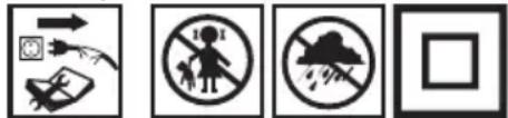 Four safety and hazard symbols: warning sign, pictogram, person holding a phone, cloud with raindrops, and blank square.