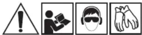 Four safety symbols: warning triangle, person holding a device, helmet with sunglasses, and glove with gloves
