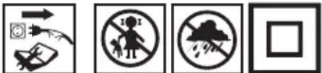 Four black-and-white safety symbols: warning sign, no warning sign with explosion, smoke, and rain, and blank rectangle.
