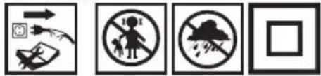Four black-and-white safety symbols: directional arrow, no-dress pictogram, no littering, and blank rectangle.