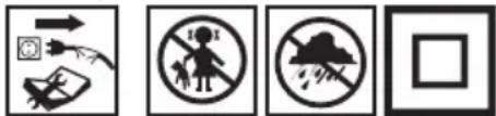 Four black-and-white safety symbols: warning sign, pictogram, no-dress circle, and blank rectangle.