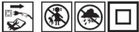 Four black-and-white safety symbols: warning sign, pictogram, no-dress circle, and blank rectangle.