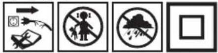 Four black-and-white safety symbols: electric shock, no-drum, aircraft crash, and a square outline.