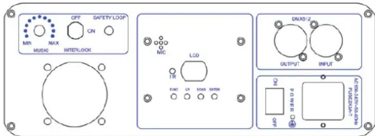 MIN MAX MUSIC OFF CN SAFETY LOOP INTERLOCK MIC LCD TR UP DCN DTSR ON/XS1/2 OUTPUT INPUT ACDC4-UN-VI-UL-DR P0 WER OFF FUSS20A-17