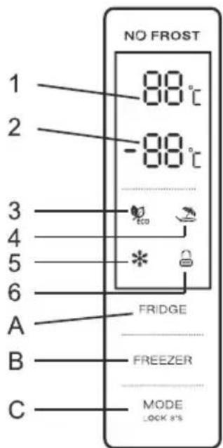 NO FROST 1 -88°C 2 -88°C 3 Eco 4 Freezer 5 * 6 Mode A FrIDGE B FREEZER C LOCK 8'S