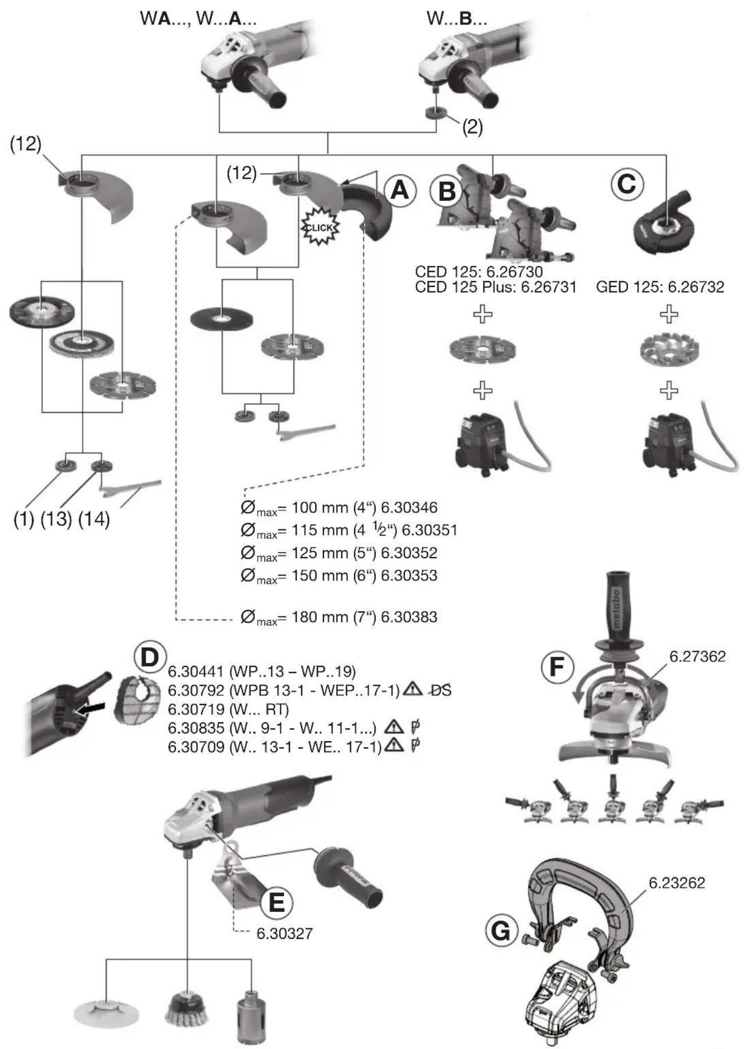 (12) (12) A B C CED 125: 6.26730 CED 125 Plus: 6.26731 GED 125: 6.26732 (1) (13) (14) Ømax= 100 mm (4" ) 6.30346 Ømax= 115 mm (4 ½" ) 6.30351 Ømax= 125 mm (5" ) 6.30352 Ømax= 150 mm (6" ) 6.30353 Ømax= 180 mm (7" ) 6.30383 D 6.30441 (WP..13 - WP..19) 6.30792 (WPB 13-1 - WEP..17-1) △ DS 6.30719 (W...…