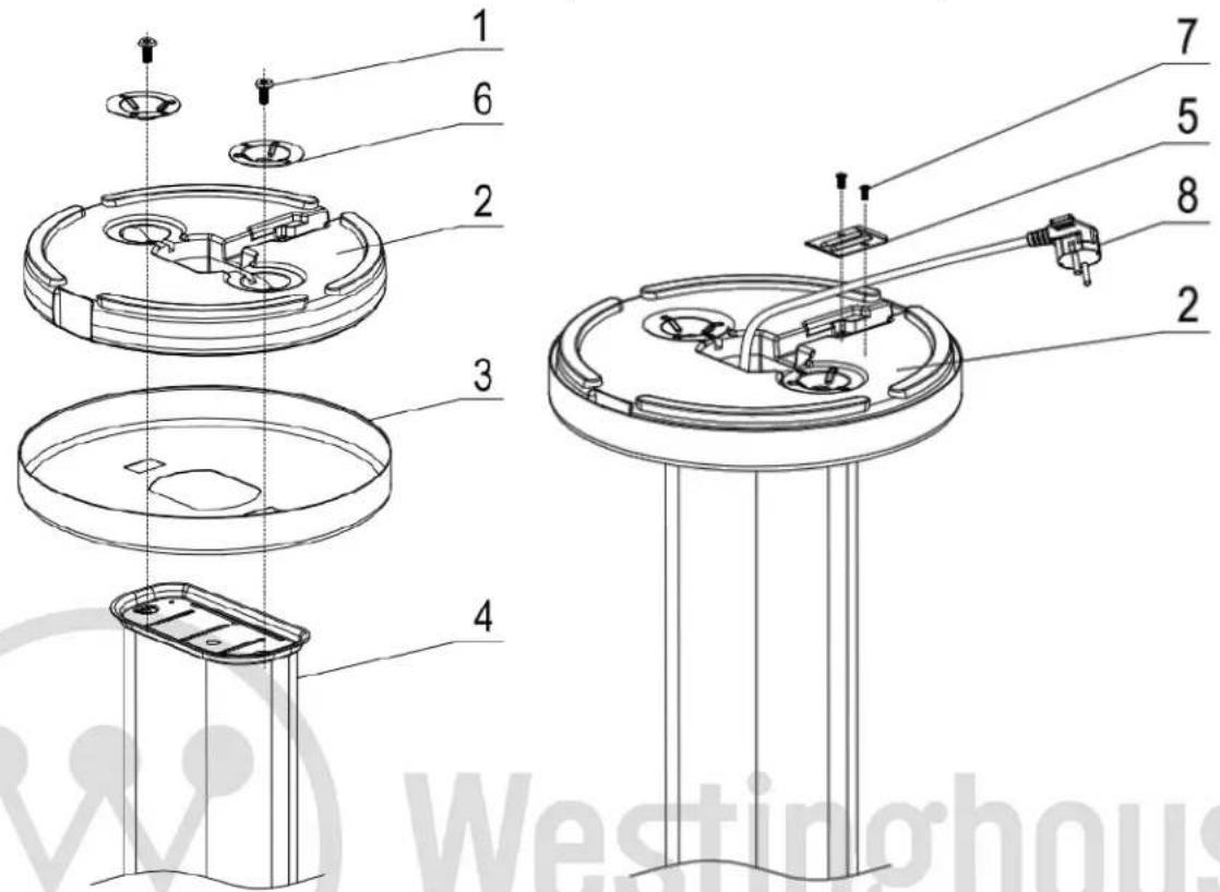 Technical diagram of a device with labeled components, showing exploded and assembled views of a circular device.