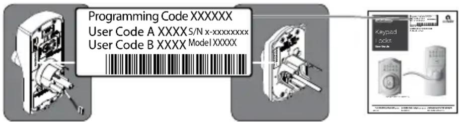 Schlage BE365 - Ubicación de los códigos predeterminados - 1