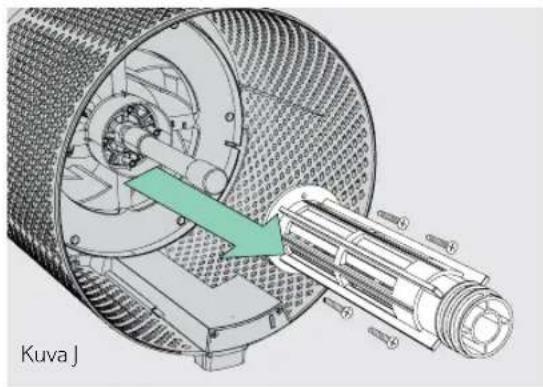 Technical illustration of a mechanical assembly inside a cylindrical device, showing internal components and a green arrow indicating motion (no text or symbols)