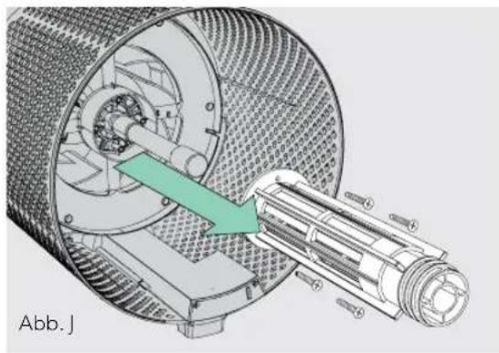 Technical illustration of a mechanical assembly inside a cylindrical housing, showing internal components and a green arrow indicating motion (no text or symbols)