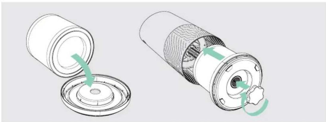 Two technical illustrations of a cylindrical mechanical component with internal components, showing a close-up and disassembly (no text or symbols present)
