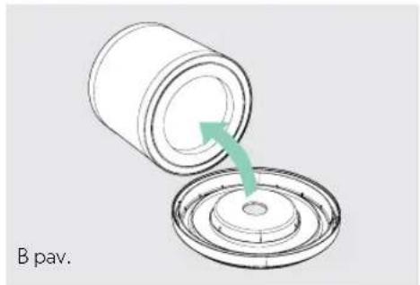 Diagram showing a cylindrical container being inserted into a circular base, with a green arrow indicating the process (no text or symbols)