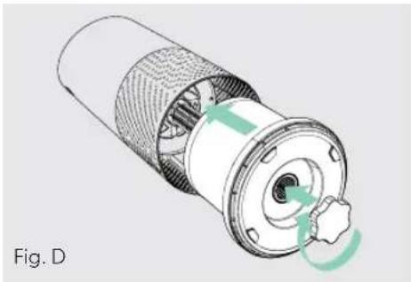 Cross-sectional diagram of a mechanical component with internal structure and green motion arrows indicating rotation (no text or symbols)