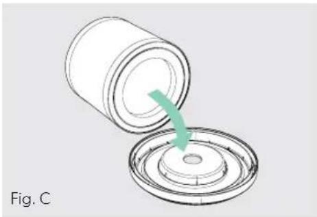 Diagram of a cylindrical container being inserted into a circular base, with a green arrow indicating the process (no text or symbols)