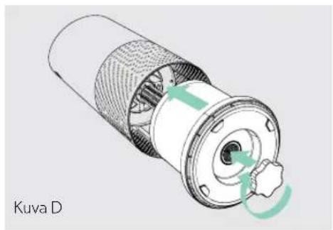 Technical illustration of a Kuva D motor assembly showing internal components and a green circular motion indicator (no text or symbols)