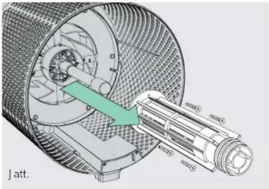 Technical diagram of a mechanical assembly inside a cylindrical housing, showing internal components and a green arrow indicating motion direction (no text or symbols)