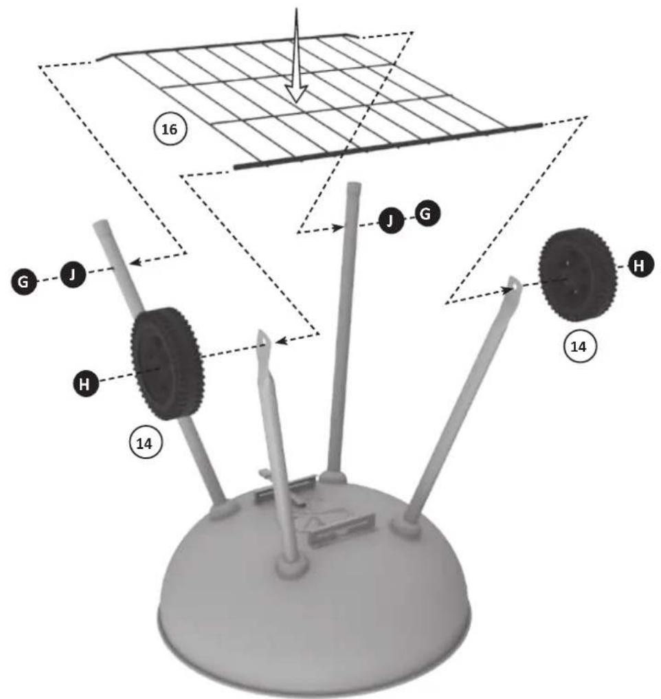 Diagram of a toy car with labeled parts including wheels, tires, and a 3D grid structure, annotated with numbers 14, 14, 16.