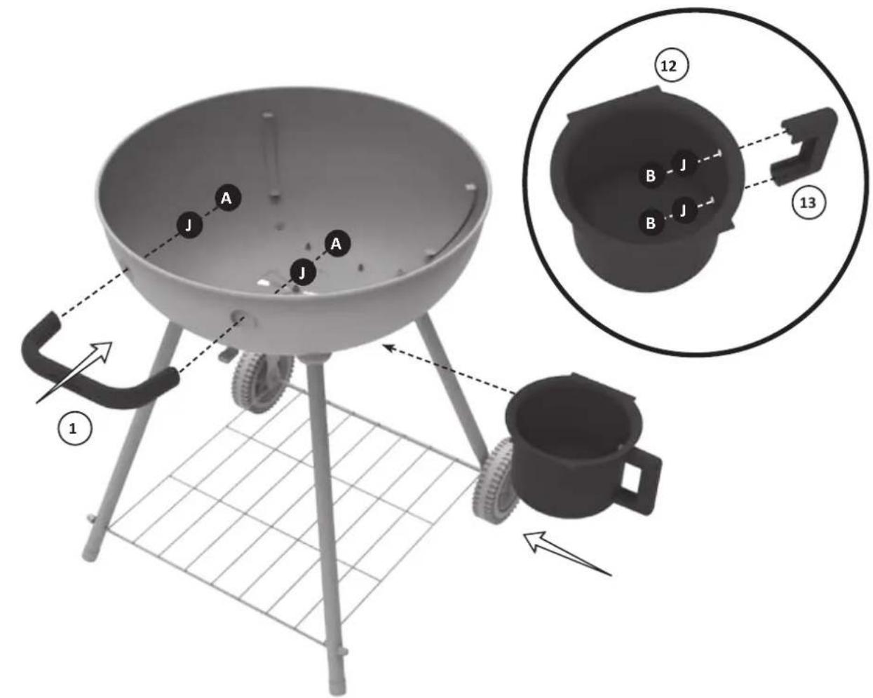 Diagram of a portable grill setup with labeled components and a magnified view showing internal components labeled A, B, and J.