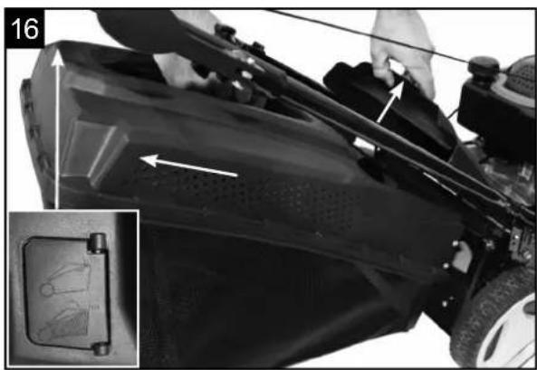 Close-up of a lawn mower with hands adjusting the blade, showing mechanical components and a close-up inset (no text or symbols visible)