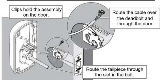 Clips hold the assembly on the door. Route the cable over the deadbolt and through the door. Route the tailpiece through the slot in the bolt.