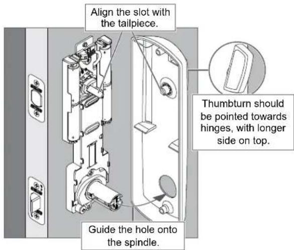 Align the slot with the tailpiece. Thumbturn should be pointed towards hinges, with longer side on top. Guide the hole onto the spindle.