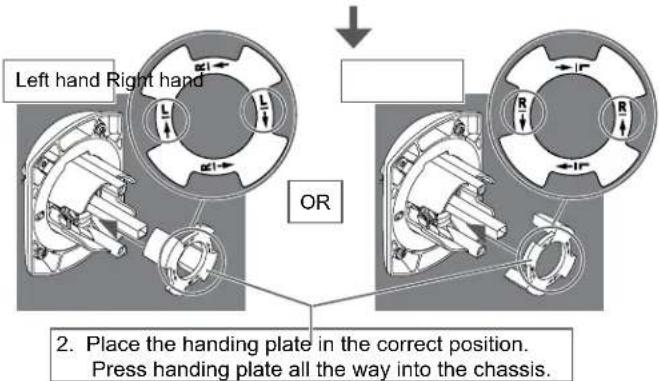 Left hand Right hand OR 2. Place the handing plate in the correct position. Press handing plate all the way into the chassis.