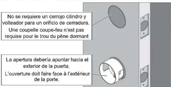 No se requiere un cerrojo cilindro y volteador para un orificio de cerradura. Une coupelle coupe-feu n'est pas requise pour le trou du pêne dormant La apertura debería apuntar hacia el exterior de la puerta. L'ouverture doit faire face à l'extérieur de la porte.