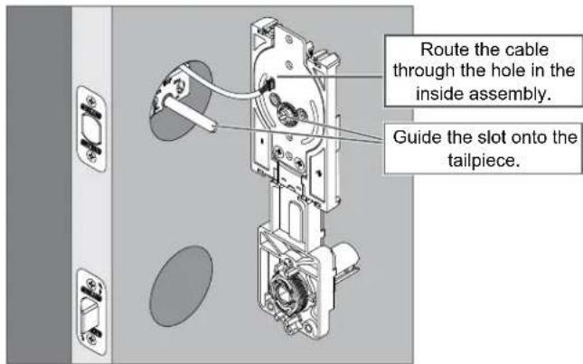 Route the cable through the hole in the inside assembly. Guide the slot onto the tailpiece.