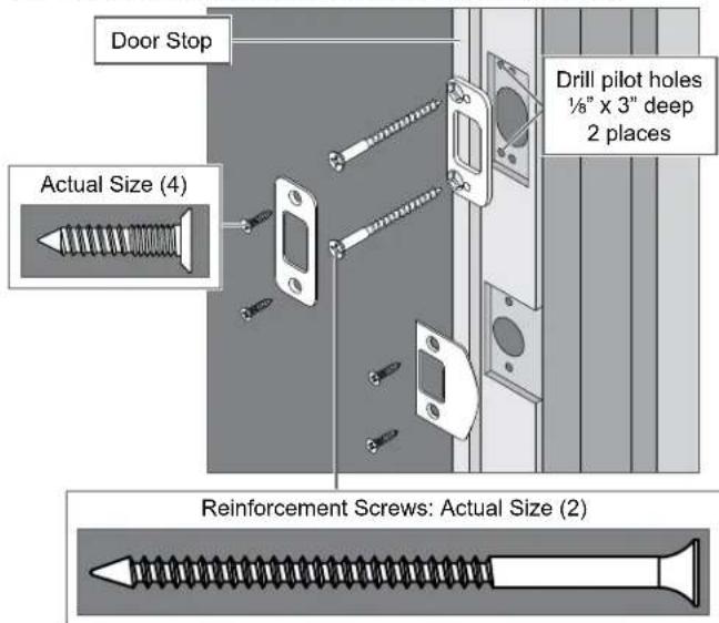 Door Stop Actual Size (4) Drill pilot holes ½" x 3" deep 2 places Reinforcement Screws: Actual Size (2)