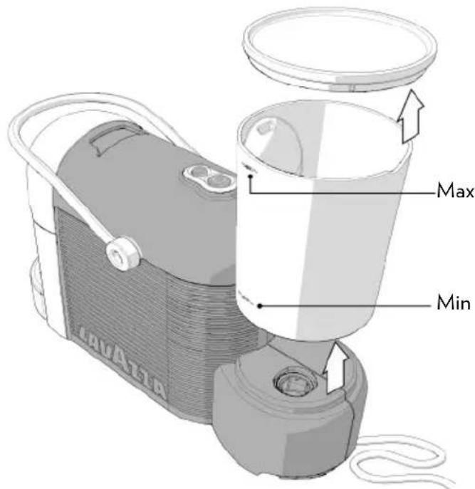 Lavazza Jolie Plus - Llene el depósito de agua hasta el nivel MAX. indicado. Utilice únicamente agua potable fresca sin gas. - 1