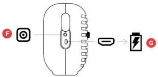Diagram showing a device with labeled components: app icon, battery, and battery symbol with red circles F and G.