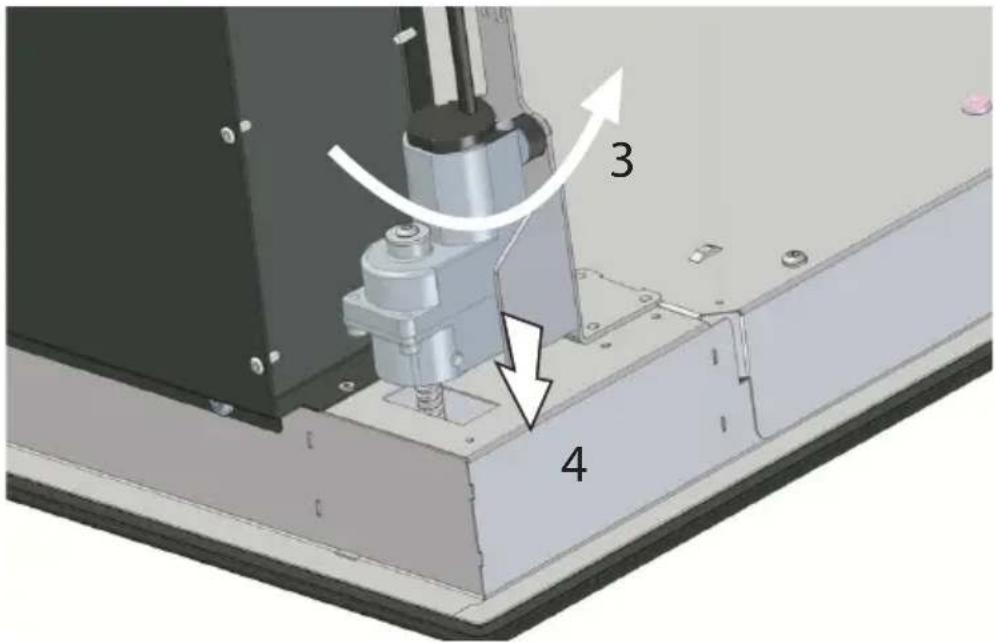 Technical diagram showing a mechanical assembly with labeled parts 3 and 4, indicating directional movement or motion.