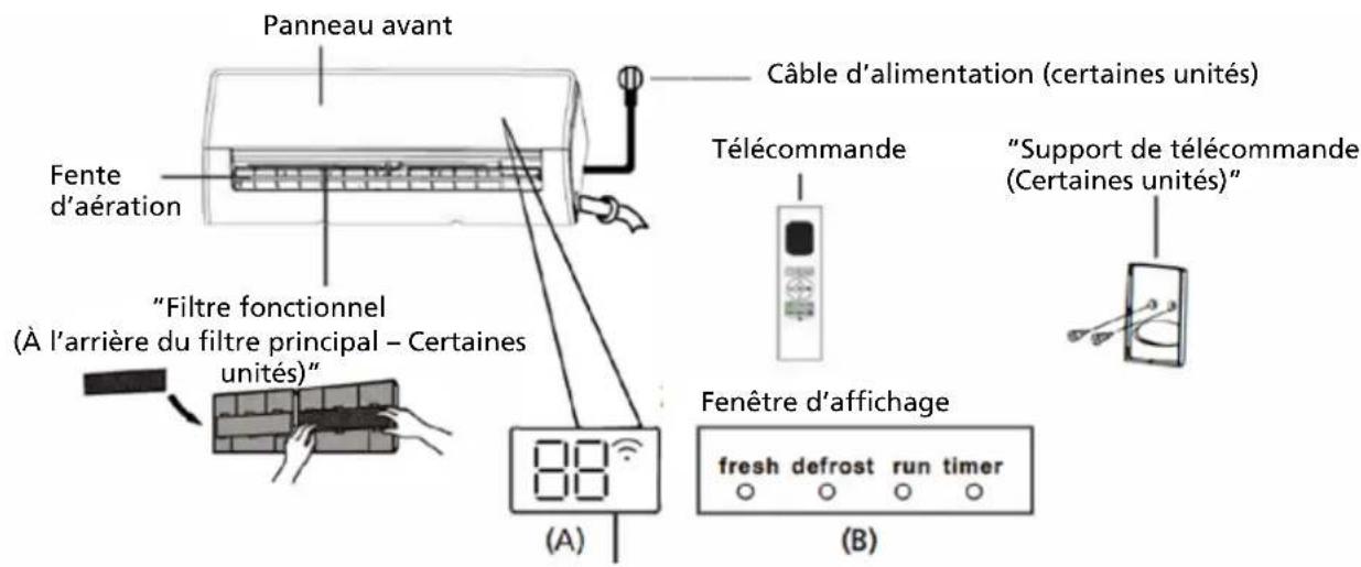 Panneau avant Fente d'aération "Câble d'alimentation (certaines unités)" "Filtre fonctionnel (À l'arrière du filtre principal – Certaines unités)" (A) Télécommande "Support de télécommande (Certaines unités)" Fenêtre d'affichage fresh defrost run timer (B)