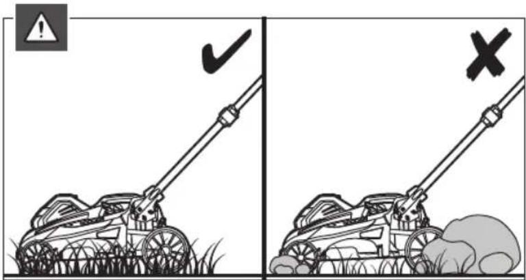 Illustration comparing two grass lawn pushers, one marked with a checkmark and the other with an 'X' symbol, both showing incorrect or incorrect actions.