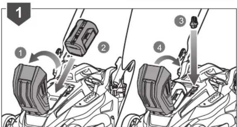 Diagram illustrating four steps of vehicle seatbelting and mounting, labeled 1 to 4 with arrows indicating movement.