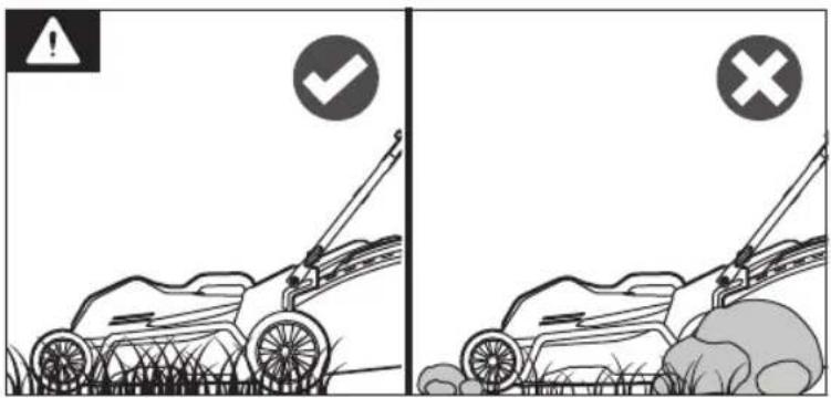 Safety warning illustration showing a grassy tractor with a checkmark and cross symbol indicating incorrect safety.
