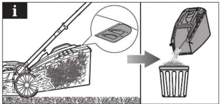 Diagram illustrating the use of a waste bin in a lawn mower, showing material transfer from a container to a trash bin.
