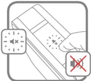 Diagram showing a hand holding a device with sound wave icons and a red prohibition symbol, indicating no sound waves or restrictions.