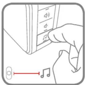 Diagram showing a hand pressing a music player's keyboard with playback controls and a note indicating playback direction.