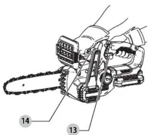 Technical diagram of a chain-linking device with labeled parts 13 and 14