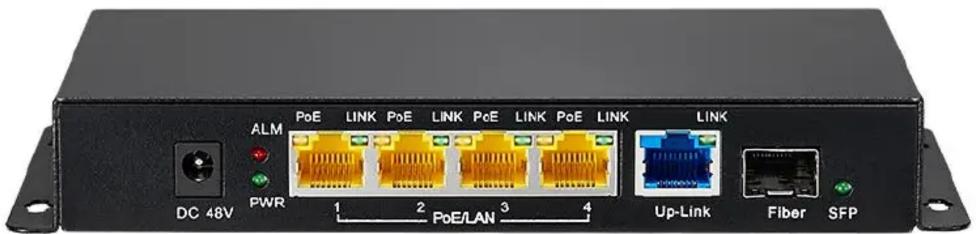 ALM DC 48V PWR PoE LINK PoE LINK PoE LINK PoE LINK PoE/LAN 1 2 3 4 Up-Link Fiber SFP